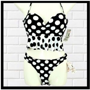 BONGO 2 Pc Ruffle Midkini, Black Polka Dot, Small, Cute!!!